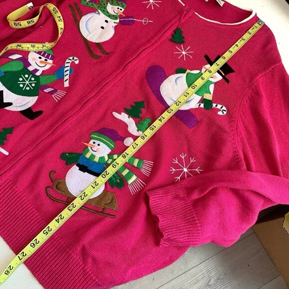 Snowman Christmas Winter Cardigan Womens 2XL Pink Zip Close Appliqué Whimsical - Picture 10 of 14